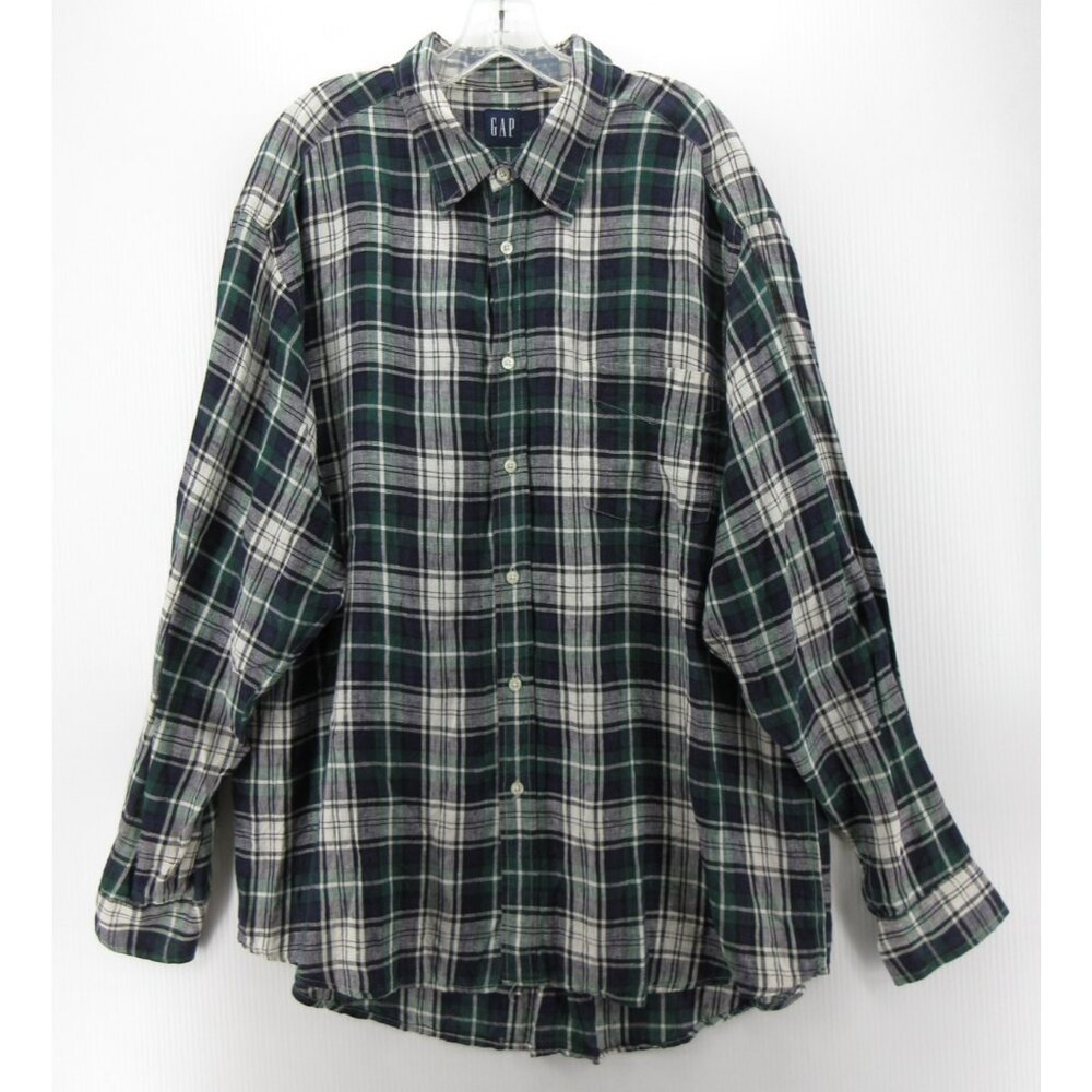 VINTAGE Gap Shirt XL Green Linen Button Up Tartan Plaid 90s Y2K Field